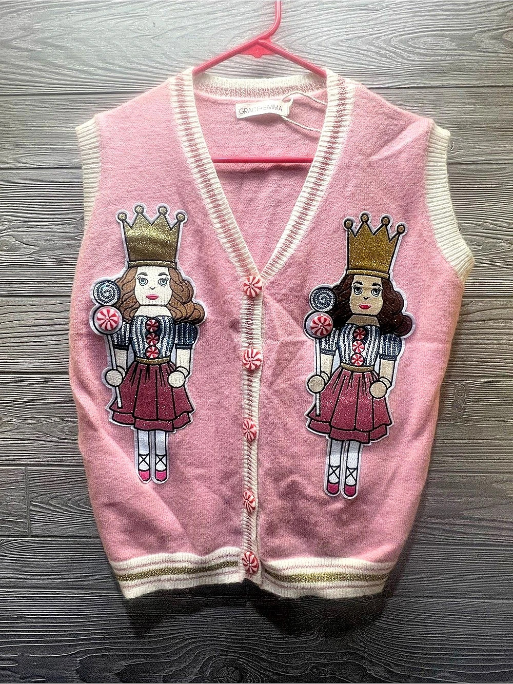 Grace + Emma Pink Nutcracker Girls Christmas Sweater Vest S/M Peppermint Buttons